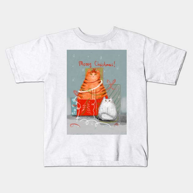 Merry Christmas greeting winter card with cute fluffy cats in red Santa hats and scarves. Kids T-Shirt by Olena Tyshchenko